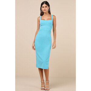 Lulus Vibrant Allure Aqua Square Neck Sleeveless Bodycon Midi Dress Blue